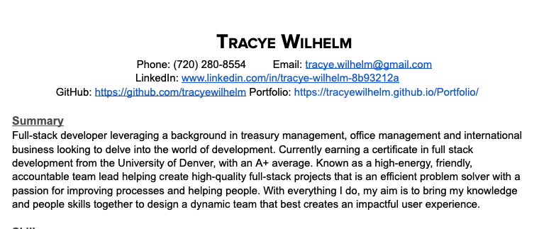 top section of resume